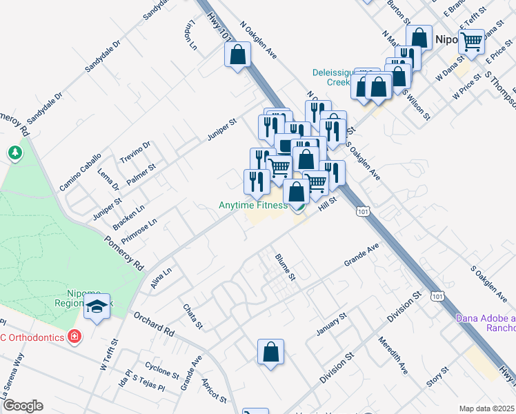map of restaurants, bars, coffee shops, grocery stores, and more near 652 Hill Street in Nipomo