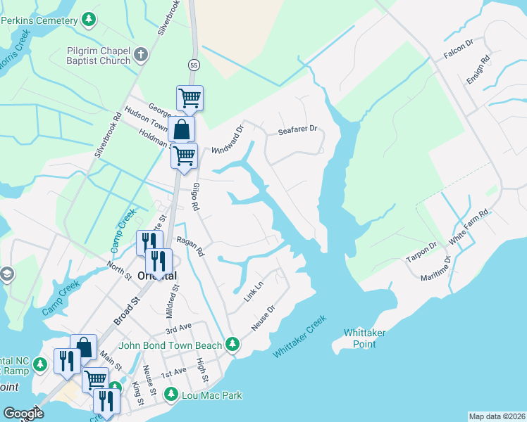 map of restaurants, bars, coffee shops, grocery stores, and more near 1406 Tosto Circle in Oriental