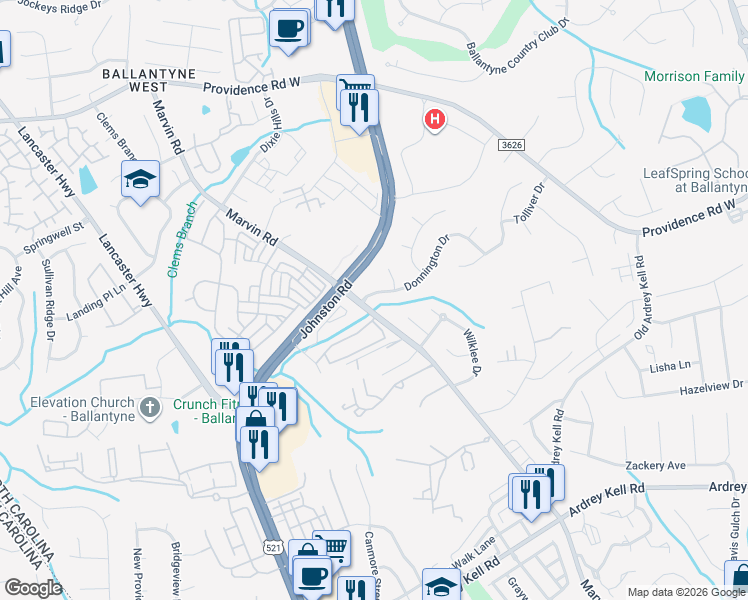 map of restaurants, bars, coffee shops, grocery stores, and more near 16017 Marvin Road in Charlotte