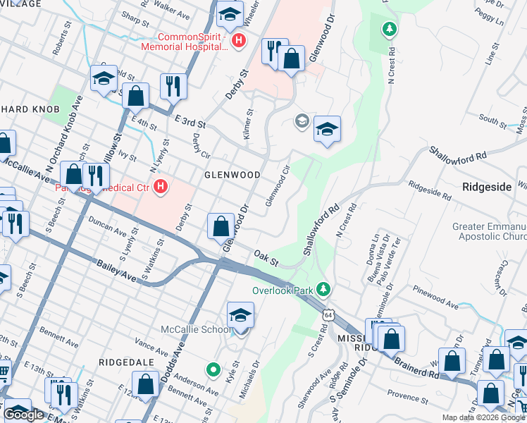 map of restaurants, bars, coffee shops, grocery stores, and more near 2607 Ivy Street in Chattanooga