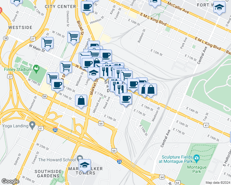 map of restaurants, bars, coffee shops, grocery stores, and more near East Main Street in Chattanooga
