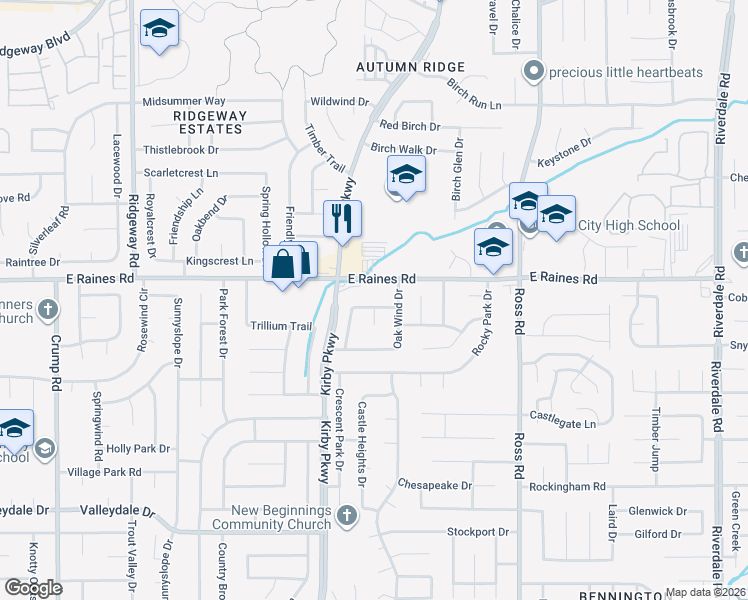 map of restaurants, bars, coffee shops, grocery stores, and more near 6528 Falling Mist Lane in Memphis