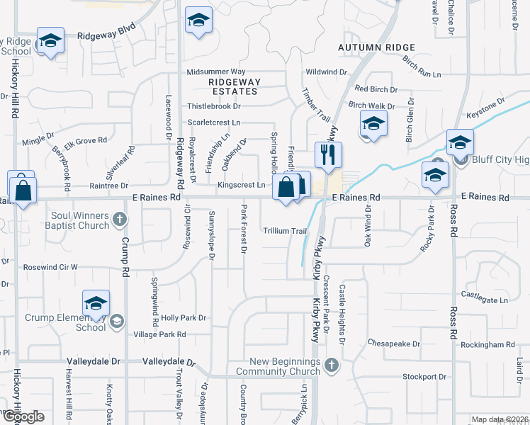 map of restaurants, bars, coffee shops, grocery stores, and more near 6350 Trillium Trail in Memphis