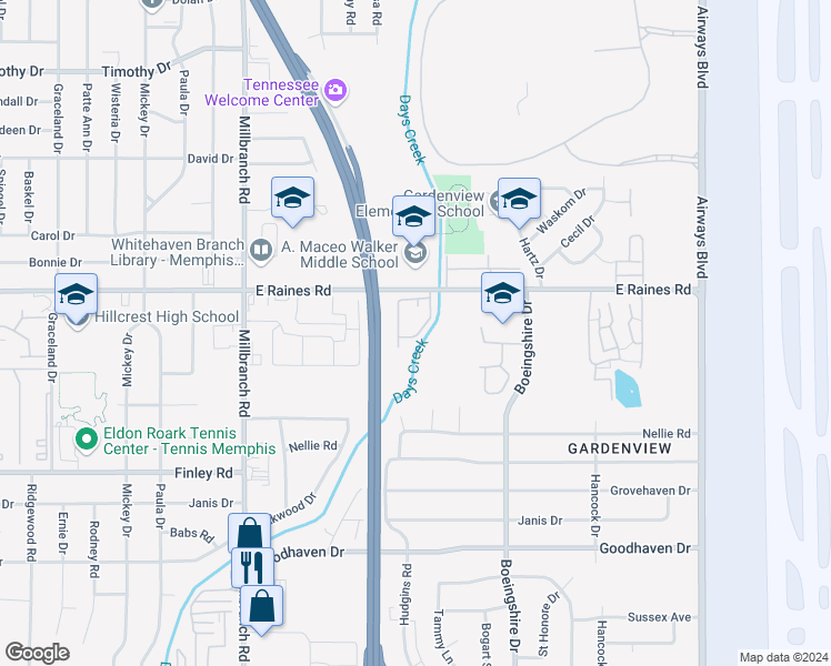 map of restaurants, bars, coffee shops, grocery stores, and more near 4190 Rainwood Drive in Memphis