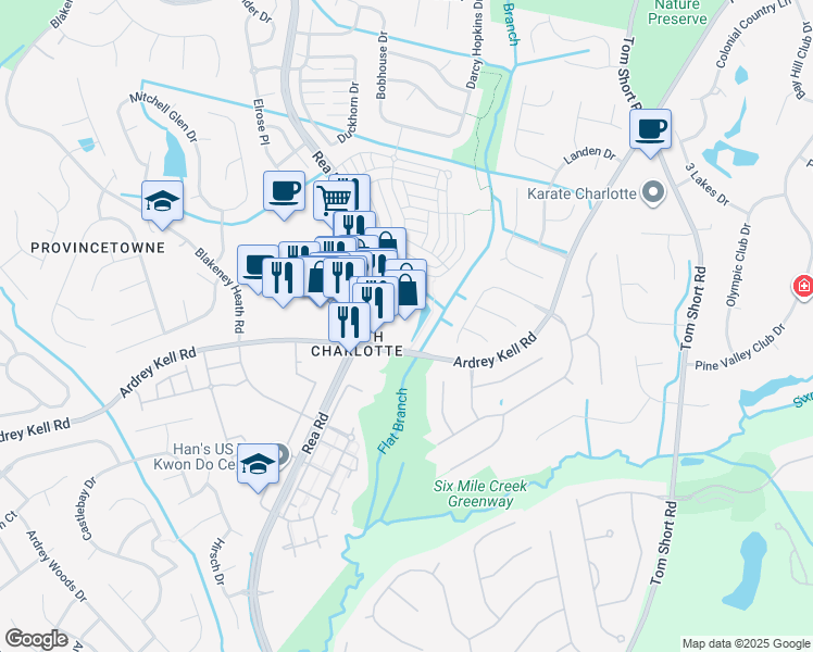 map of restaurants, bars, coffee shops, grocery stores, and more near 9911 Rea Road in Charlotte