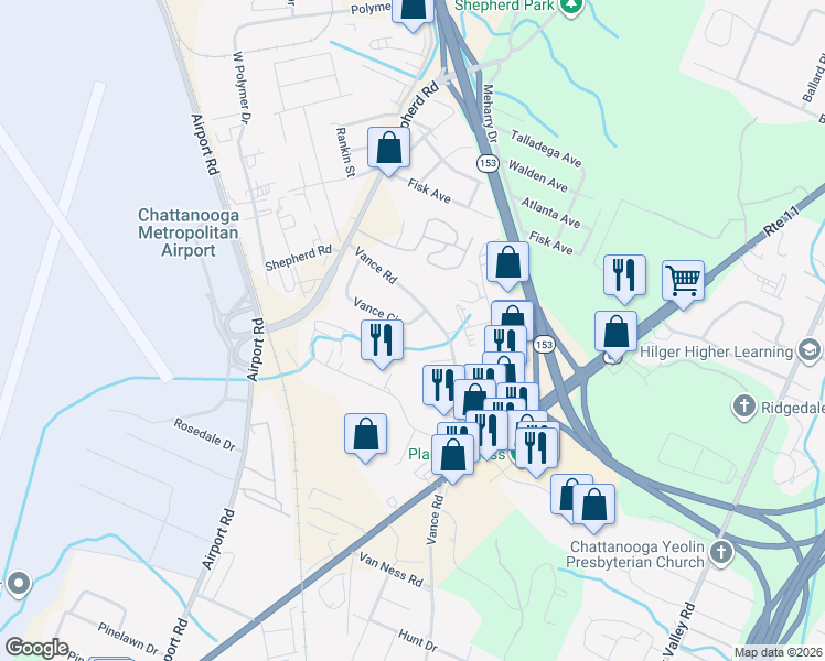 map of restaurants, bars, coffee shops, grocery stores, and more near 6136 Vance Circle in Chattanooga