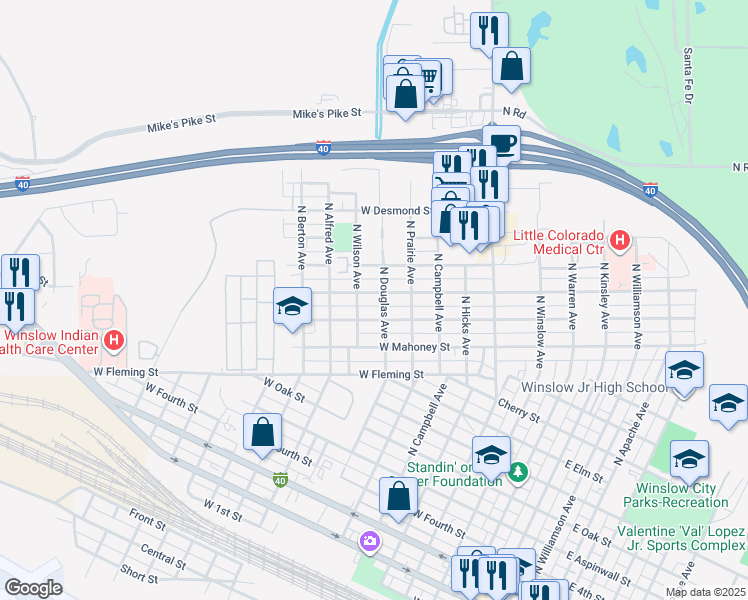 map of restaurants, bars, coffee shops, grocery stores, and more near 803 West Hillview Street in Winslow