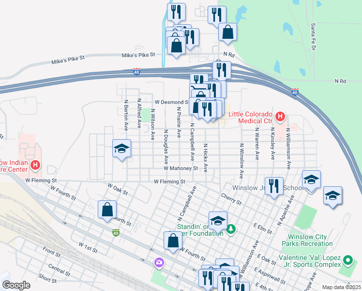 map of restaurants, bars, coffee shops, grocery stores, and more near 645 West Hillview Street in Winslow
