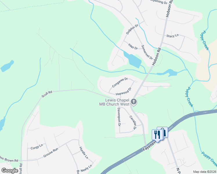 map of restaurants, bars, coffee shops, grocery stores, and more near 131 Congaree Drive in Raeford