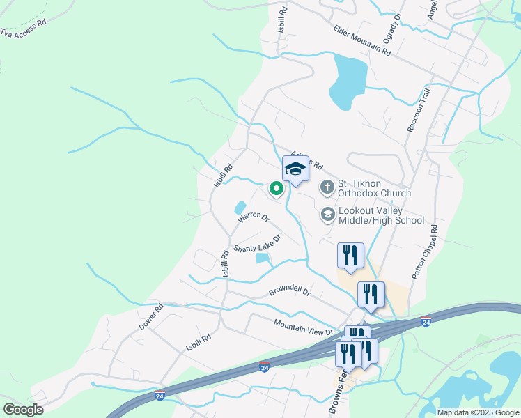 map of restaurants, bars, coffee shops, grocery stores, and more near 345 Warren Drive in Chattanooga