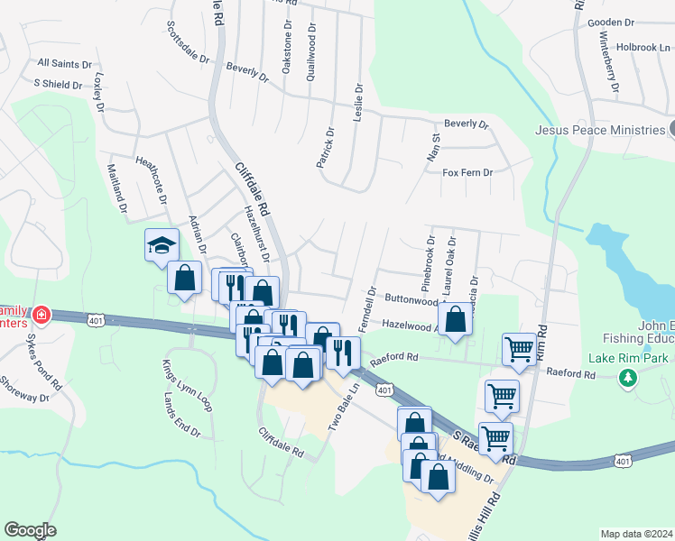 map of restaurants, bars, coffee shops, grocery stores, and more near 1537 Ashleman Drive in Fayetteville