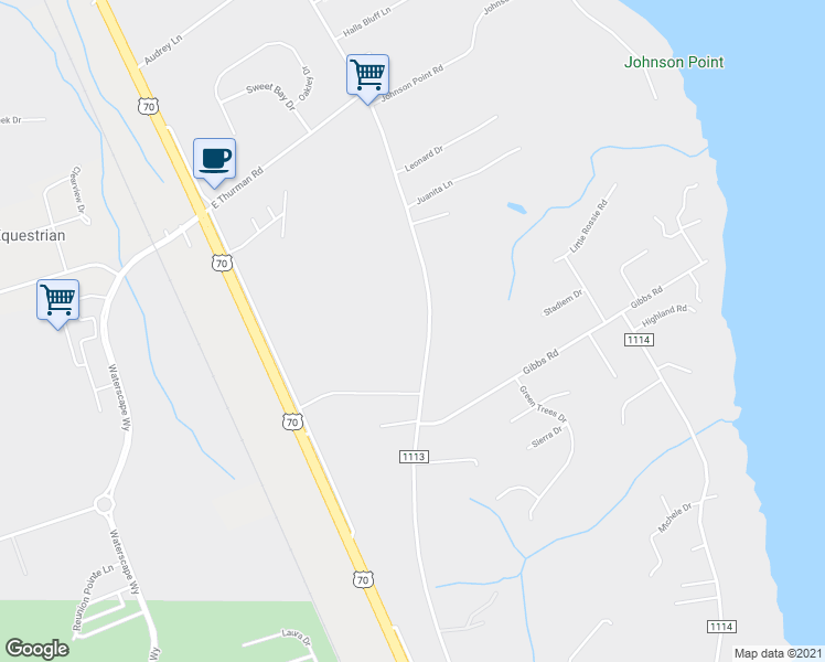 map of restaurants, bars, coffee shops, grocery stores, and more near 4201 Old Cherry Point Road in New Bern