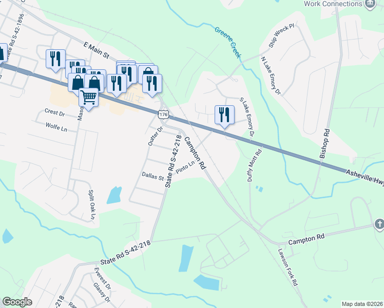 map of restaurants, bars, coffee shops, grocery stores, and more near 1180 Campton Road in Inman