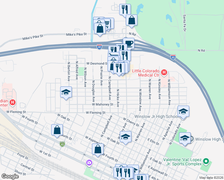 map of restaurants, bars, coffee shops, grocery stores, and more near 517 West Hillview Street in Winslow