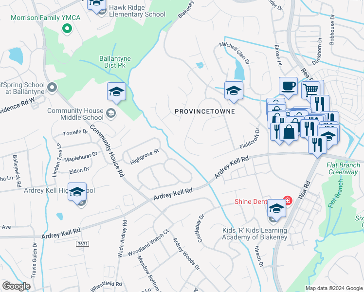 map of restaurants, bars, coffee shops, grocery stores, and more near 9241 Autumn Applause Drive in Charlotte