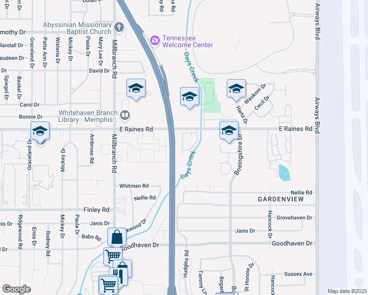 map of restaurants, bars, coffee shops, grocery stores, and more near 4190 Rainwood Drive in Memphis
