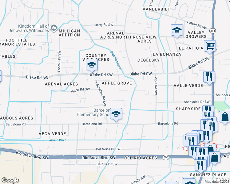 map of restaurants, bars, coffee shops, grocery stores, and more near 2810 Joe Sanchez Road Southwest in Albuquerque