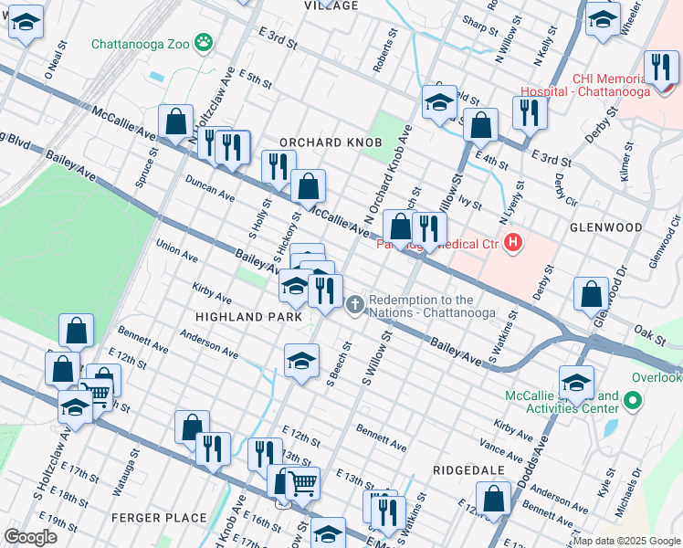 map of restaurants, bars, coffee shops, grocery stores, and more near 1898 Chamberlain Avenue in Chattanooga