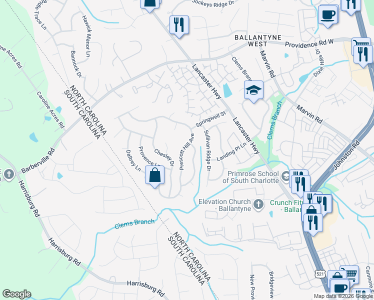 map of restaurants, bars, coffee shops, grocery stores, and more near 15611 Prescott Hill Avenue in Charlotte