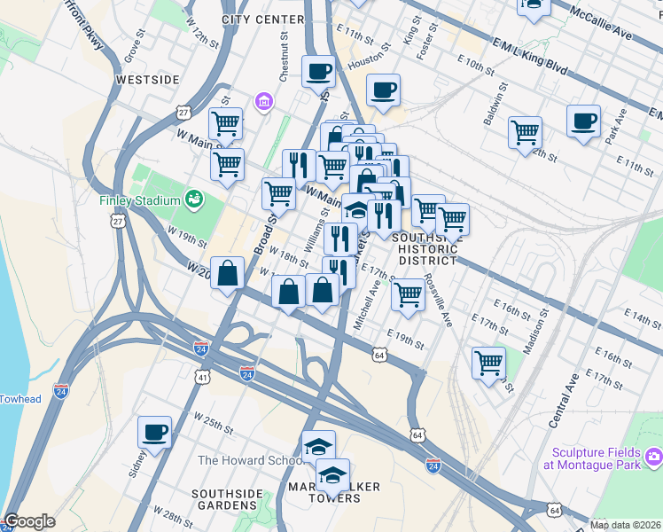 map of restaurants, bars, coffee shops, grocery stores, and more near 1718 Long Street in Chattanooga