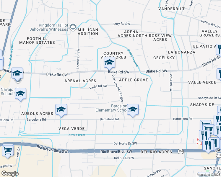 map of restaurants, bars, coffee shops, grocery stores, and more near 2508 Verde Road Southwest in Albuquerque