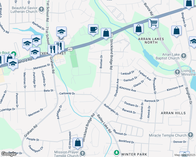 map of restaurants, bars, coffee shops, grocery stores, and more near 1308 Bostian Drive in Fayetteville