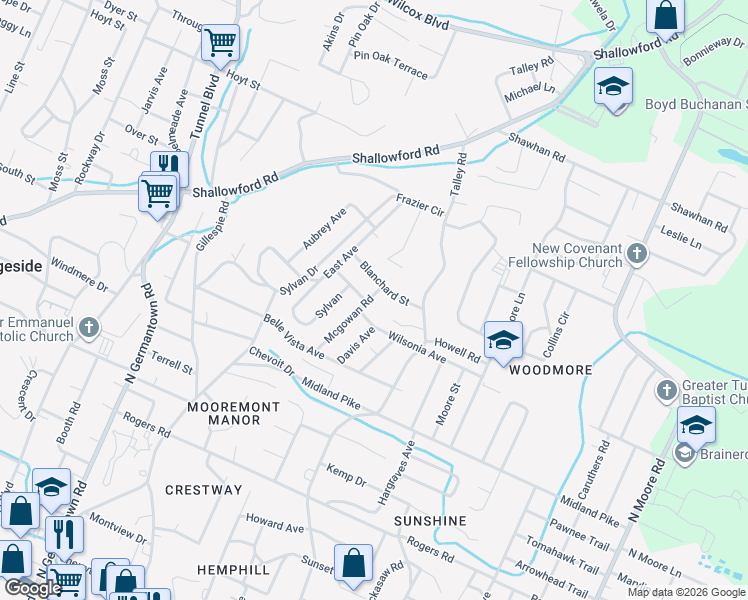 map of restaurants, bars, coffee shops, grocery stores, and more near 802 McGowan Avenue in Chattanooga