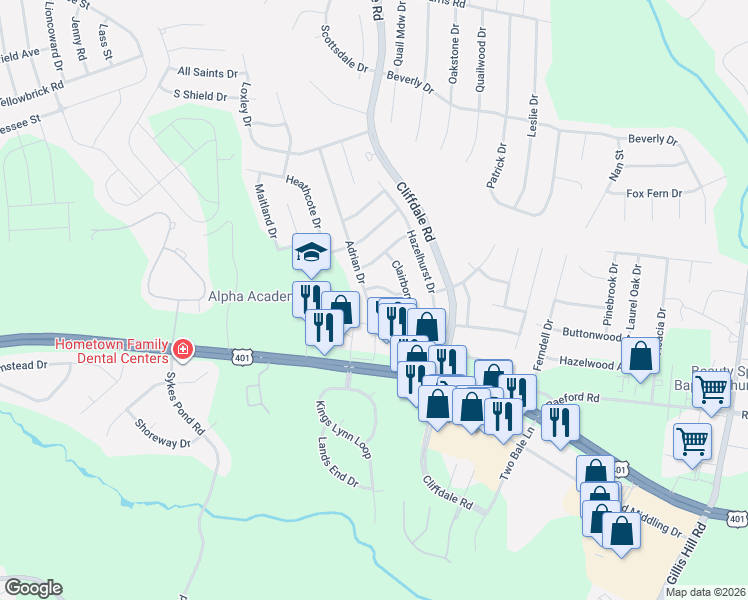 map of restaurants, bars, coffee shops, grocery stores, and more near 7842 Adrian Dr in Fayetteville
