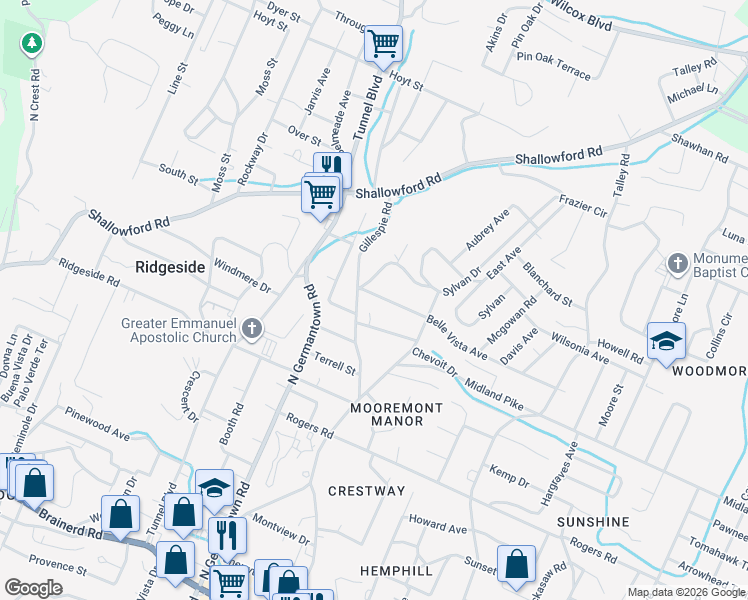 map of restaurants, bars, coffee shops, grocery stores, and more near 604 Belle Vista Avenue in Chattanooga