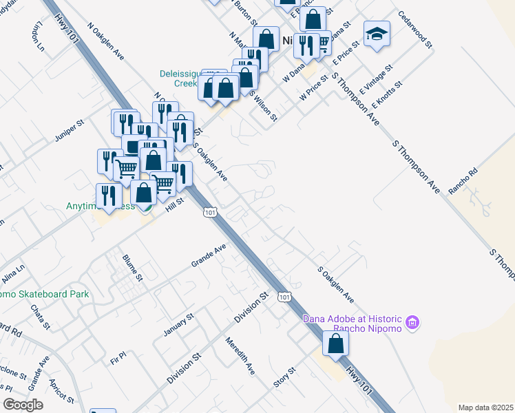 map of restaurants, bars, coffee shops, grocery stores, and more near 291 South Oakglen Avenue in Nipomo