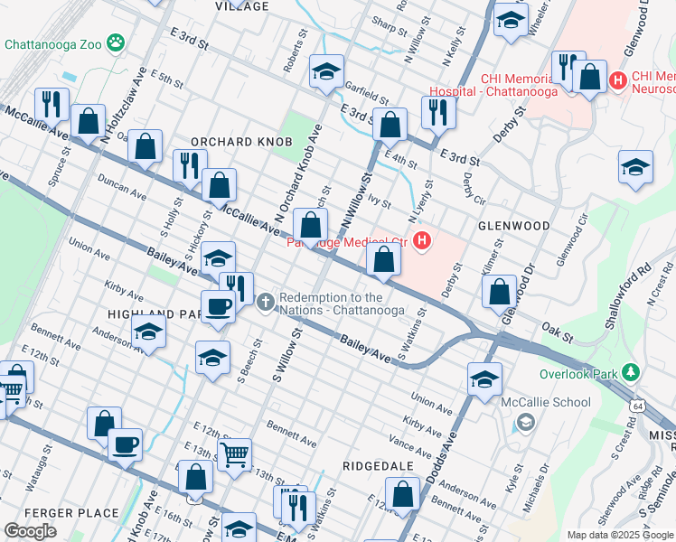 map of restaurants, bars, coffee shops, grocery stores, and more near in Chattanooga