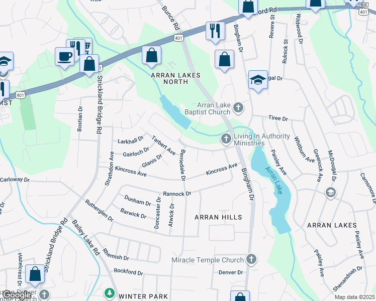 map of restaurants, bars, coffee shops, grocery stores, and more near 1431 Berriedale Drive in Fayetteville
