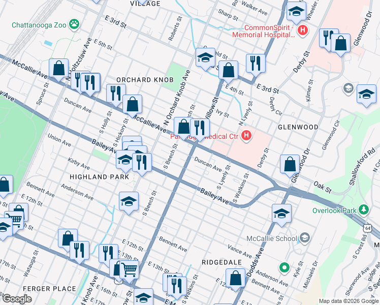 map of restaurants, bars, coffee shops, grocery stores, and more near in Chattanooga