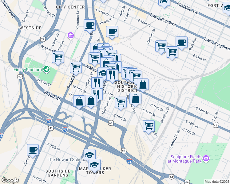 map of restaurants, bars, coffee shops, grocery stores, and more near 1610 Mitchell Avenue in Chattanooga