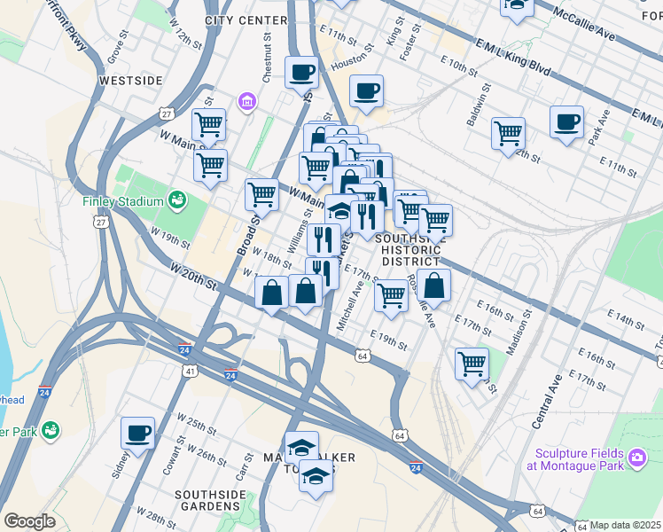 map of restaurants, bars, coffee shops, grocery stores, and more near 1706 Underwood Street in Chattanooga