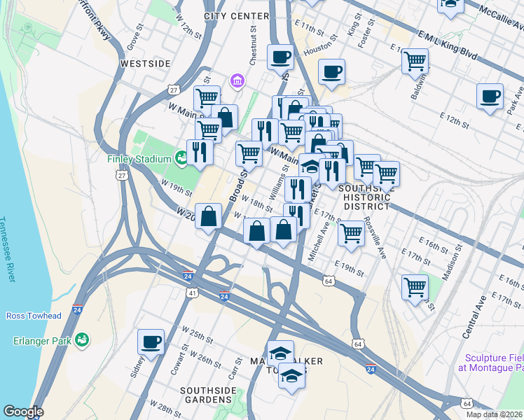map of restaurants, bars, coffee shops, grocery stores, and more near 1809 Williams Street in Chattanooga