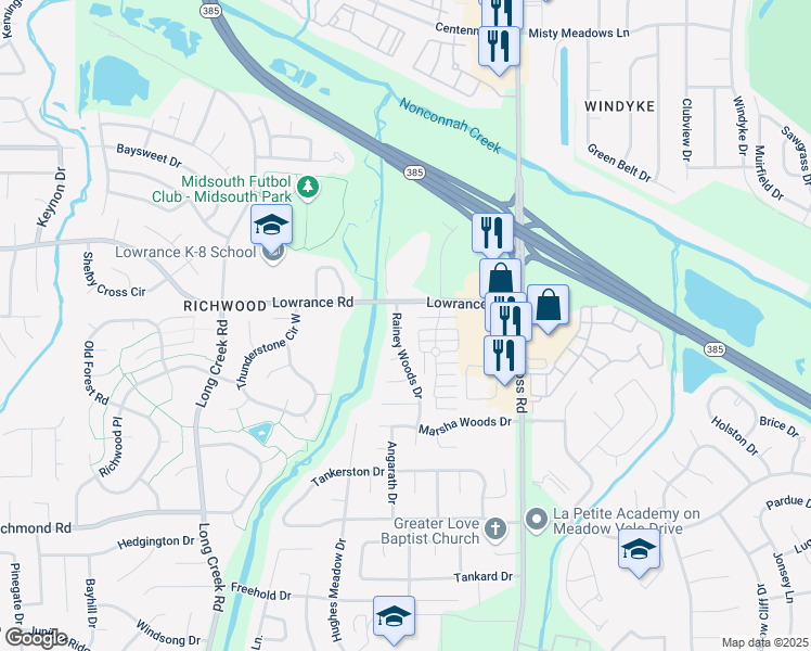 map of restaurants, bars, coffee shops, grocery stores, and more near 4194 Rainey Woods Drive in Memphis