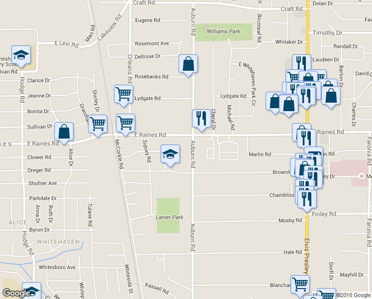 map of restaurants, bars, coffee shops, grocery stores, and more near 4187 Auburn Road in Memphis