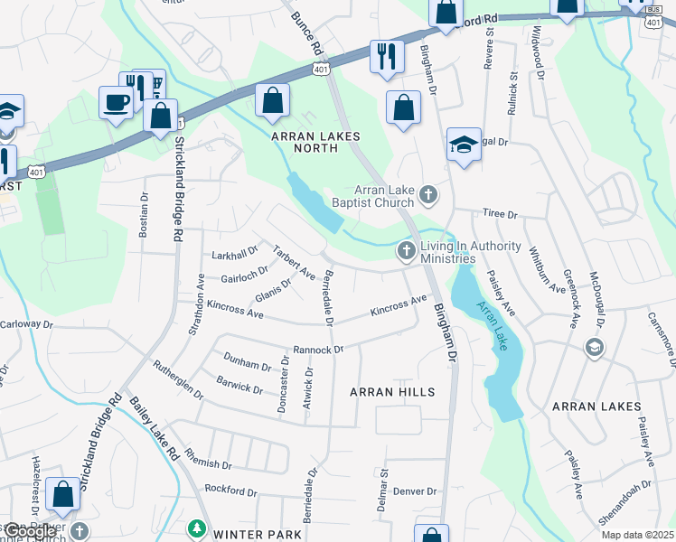 map of restaurants, bars, coffee shops, grocery stores, and more near 1431 Berriedale Drive in Fayetteville