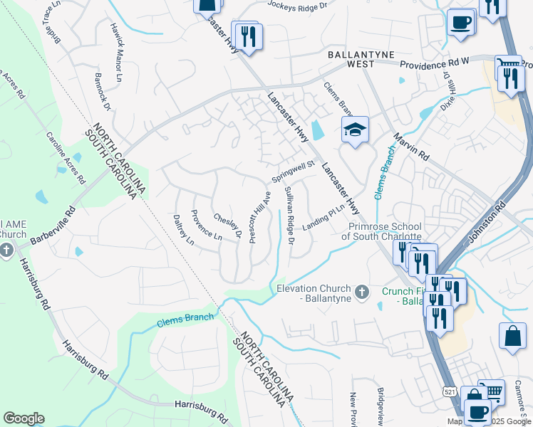 map of restaurants, bars, coffee shops, grocery stores, and more near 12312 McAllister Park Drive in Charlotte