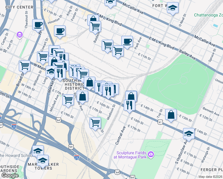 map of restaurants, bars, coffee shops, grocery stores, and more near 1417 Park Avenue in Chattanooga