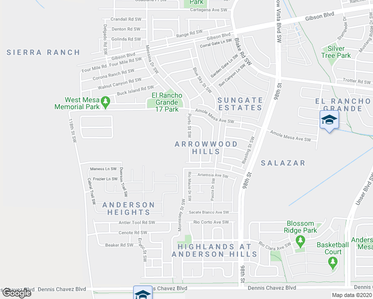 map of restaurants, bars, coffee shops, grocery stores, and more near 2843 Porto Street Southwest in Albuquerque