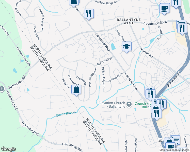 map of restaurants, bars, coffee shops, grocery stores, and more near 12312 McAllister Park Drive in Charlotte