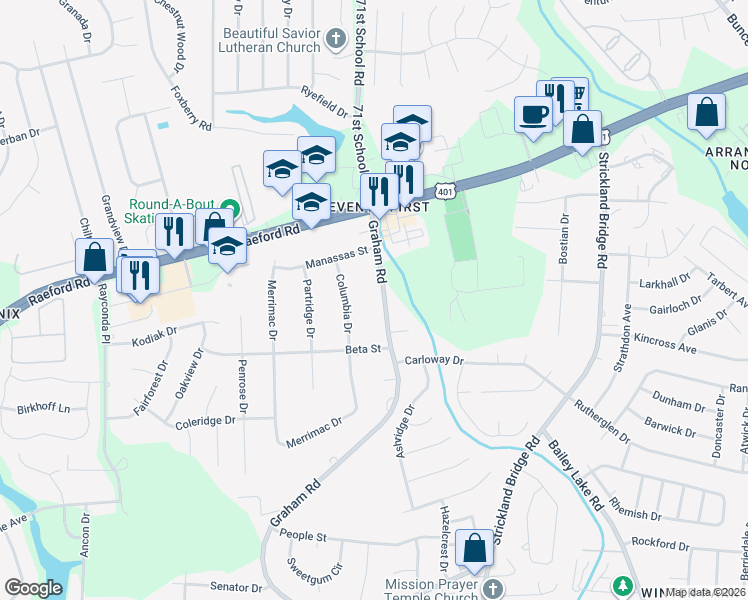 map of restaurants, bars, coffee shops, grocery stores, and more near 1963-1971 Graham Road in Fayetteville