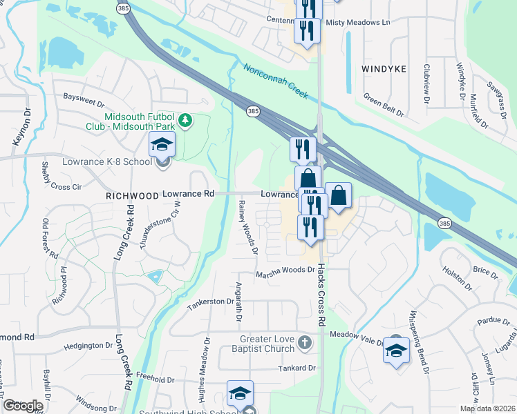 map of restaurants, bars, coffee shops, grocery stores, and more near 7921 Bay Meadow Circle North in Memphis