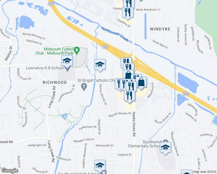 map of restaurants, bars, coffee shops, grocery stores, and more near 7902 Rushmeade Circle North in Memphis