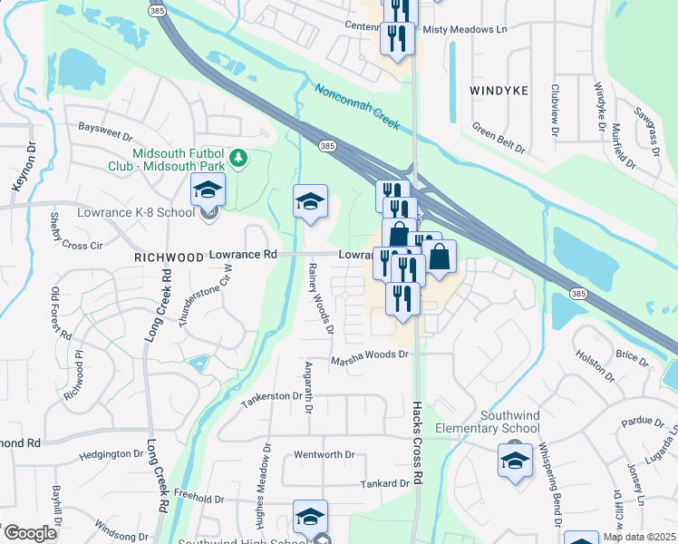 map of restaurants, bars, coffee shops, grocery stores, and more near 7906 Rushmeade Circle North in Memphis