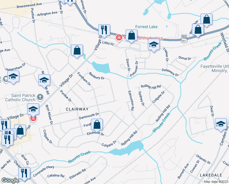 map of restaurants, bars, coffee shops, grocery stores, and more near 1689 Banbury Drive in Fayetteville