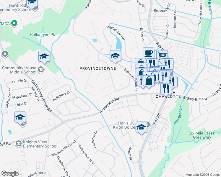map of restaurants, bars, coffee shops, grocery stores, and more near 8703 Fieldcroft Drive in Charlotte