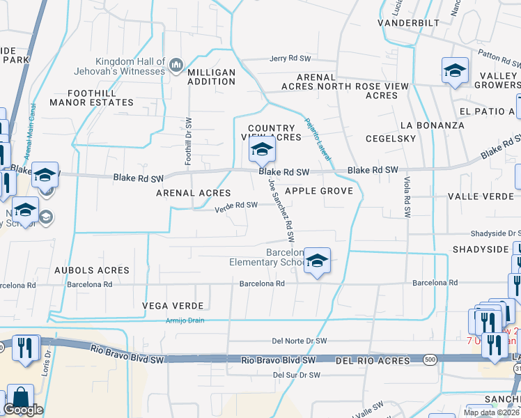 map of restaurants, bars, coffee shops, grocery stores, and more near 2508 Verde Road Southwest in Albuquerque
